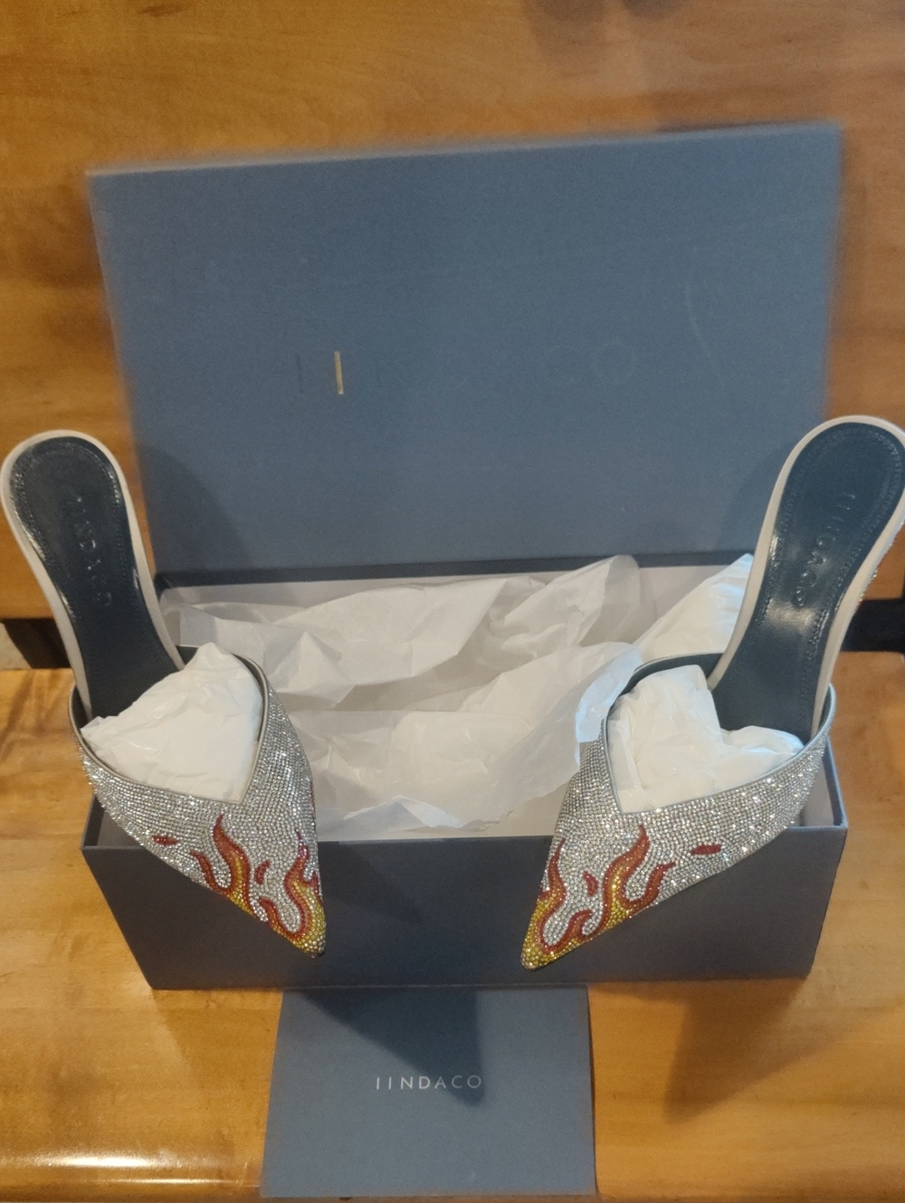 Nib Iindaco Carmen 95mm Crystal Flame Mules Size 39 With Box Italian Made